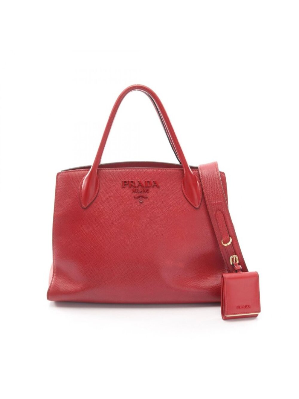 Prada Handbag Saffiano Cuir C Monochrome Red Leather 2-Way